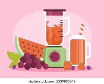 Fruit drinks concept. Juice of berries. Watermelon and grape near juicer. Healthy smoothie and drinks. Tasty liquids and beverage. Cold cocktails in glass. Cartoon flat vector illustration