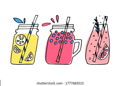 Fruit drinks illustration. Set of juice and lemonade glasses in doodle sketch style. Homemade cold fresh cocktails drawing. Handdrawn cartoon summer soda beverages.