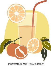 Fruit drinks. Lemonade, juice. A glass of string and fruit. Tropical fruits. Flat illustration.