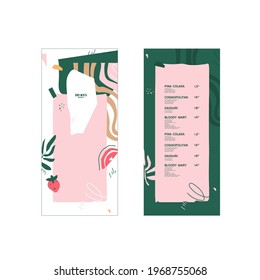 Fruit drinks menu. Tropical leaves, berries and fruits. Green, white, pink colors. Abstract shapes and line. List, layout. For a restaurant, bar or open-air cafe 