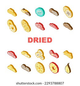 fruit dry snack nut mix icons set vector. food healthy, bowl top, organic fig, apricot sweet, cashew wooden, seed nutrition fruit dry snack nut mix isometric sign illustrations