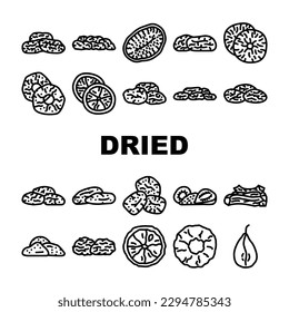 fruit dry snack nut mix icons set vector. food healthy, bowl top, organic fig, apricot sweet, cashew wooden, seed nutrition fruit dry snack nut mix black contour illustrations
