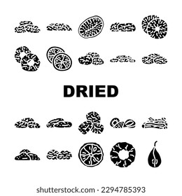 fruit dry snack nut mix icons set vector. food healthy, bowl top, organic fig, apricot sweet, cashew wooden, seed nutrition fruit dry snack nut mix glyph pictogram Illustrations