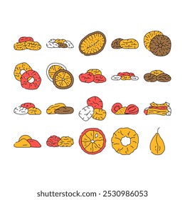 fruit dry snack nut mix icons set vector. food healthy, bowl top, organic fig, apricot sweet, cashew wooden, seed nutrition fruit dry snack nut mix color Contour Illustrations