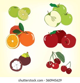 Fruit elements, apple, orange, mangosteen, cherry