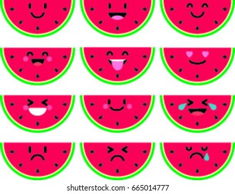Fruit emoticon set. Colorful flat cartoon style. Watermelon with all emotions.
