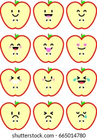 Fruit emoticon set. Colorful flat cartoon style. Apple with all emotions.