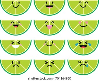 Fruit emoticon set. Colorful flat cartoon style. Lime with all emotions.