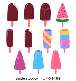 Ilustración de helados de fruta y esquimal. Jugo congelado. Helado en esmalte de chocolate. Ilustración vectorial para el diseño de la tarjeta.