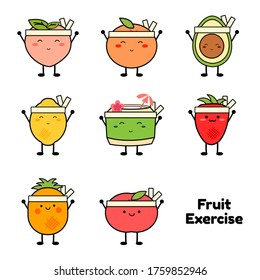 Fruit exercise character. Cute style fruit character. Happy face fruit icon. Cute style fruit set. Peach, orange, avocado, lemon, coconut, strawberry, pineapple and apple. Illustration vector.
