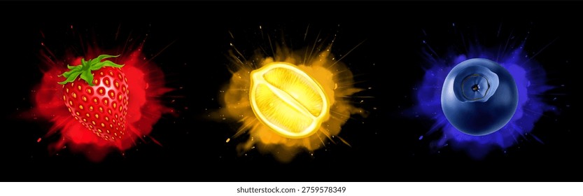 Fruit explosion set with realistic 3d splashes - lemon half, strawberry and blueberry bursting with energy effects. Dramatic advertising power flying juice particles for product advertising design.