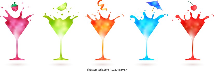 fruit falling into a group of splashing colorful cocktails isolated on white