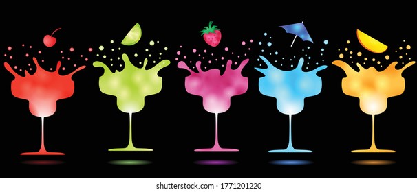 fruit falling into splashing cocktails in margarita glasses on black background, neon colors vector illustration for drink menu, nightlife, disco club and bar 