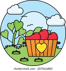 Fruit Farm Concept, Fruits in Bucket with sky and clouds Vector Icon Design, Nature Love Symbol, Artistic landforms Scene Sign, Heart in nature Stock illustration, Beautiful Landscape View in Circular