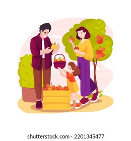 Fruit Farm Isolated Cartoon Vector Illustration. Family In Orchard, Field Trip, Picking Fruit From Tree, Child Holding Basket With Apples, Visiting Countryside, Farm Activity Vector Cartoon.