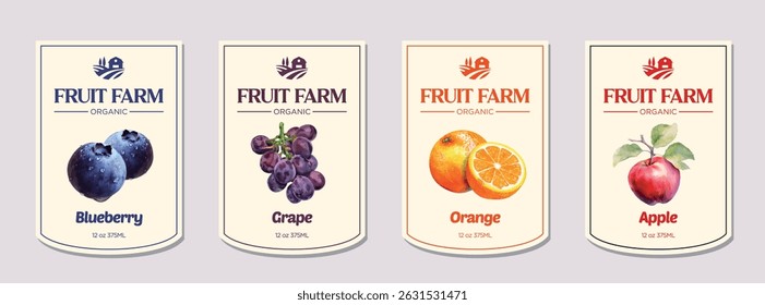 Exploração frutícola. Desenho do rótulo com fruta. Ilustração de estilo de aquarela