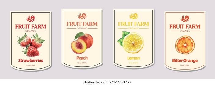 Exploração frutícola. Desenho do rótulo com fruta. Ilustração de estilo de aquarela