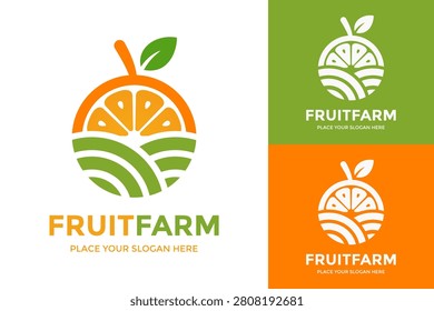 Fruit farm logo template featuring an orange slice integrated with agricultural field lines and fresh green leaves.