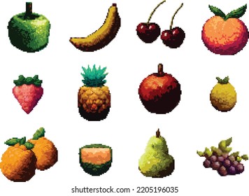 Fruit farm sprite food 8bit pixel fruits pixelart. Retro vintage 8 bit pixels game assets for arcade or farming with apple, banana, cherry, peach,strawberry, pineapple,lemon,orange, melon, pear,grapes