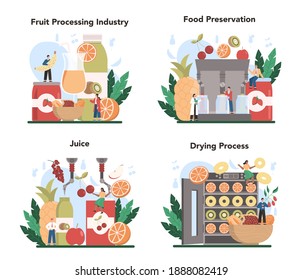 Fruit farming industry. Idea of agriculture and cultivation. Organic harvest selection. Dried fruits, juice and preserved food production. Isolated flat vector illustration