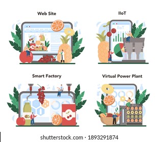 Fruit Farming Industry Online Service Or Platform Set. Idea Of Agriculture. Dried Fruits, Juice And Preserved Food Production. Online IIoT, Smart Factory, VPP, Website. Flat Vector Illustration