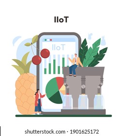 Fruit farming industry online service or platform. Idea of agriculture and cultivation. Dried fruits, juice and preserved food production. Online IIoT. Flat vector illustration