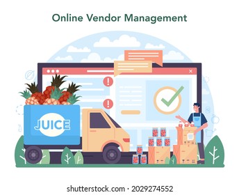 Servicio o plataforma en línea de la industria de la producción y transformación de frutas. Frutas secas, zumo y fruta enlatada. Administración de proveedores en línea. Ilustración vectorial plana