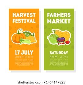 Fruit Festival Banner Templates Ser, Farmers Market Cards with Vrgrtables Pattern and Place for Text Vector Illustration