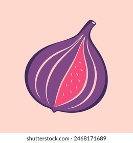 Dibujo de garabato de contorno estilizado de higo de fruta, ilustración en estilo boho sobre fondo rosa.
