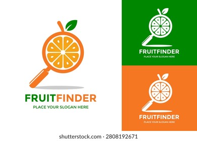Fruit finder logo template featuring an orange citrus slice combined with a magnifying glass for search and discovery.