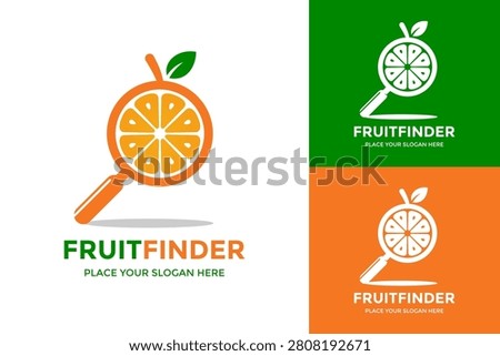 Fruit finder logo template featuring an orange citrus slice combined with a magnifying glass for search and discovery.