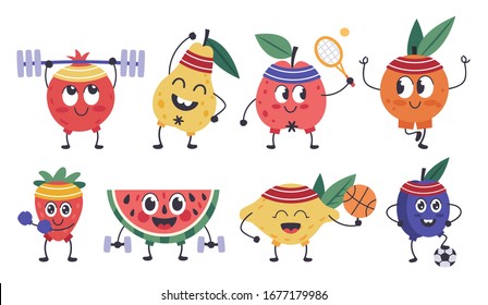 Fruit fitness characters. Doodle fruit mascots do sports, funny apple, lemon workout, healthy exercises and meditation isolated vector icons set. Fruit food, pear and lemon, pineapple ripe
