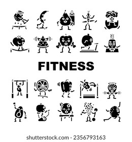 fruit fitness food diet icons set vector. healthy lifestyle, nutrition fit, sport exercise, workout weight, apple gym training fruit fitness food diet glyph pictogram Illustrations