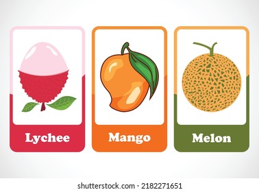 Fruit flashcards for kids. Educational cards for preschool. Printable vector illustration