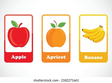 Fruit flashcards for kids. Educational cards for preschool. Printable vector illustration