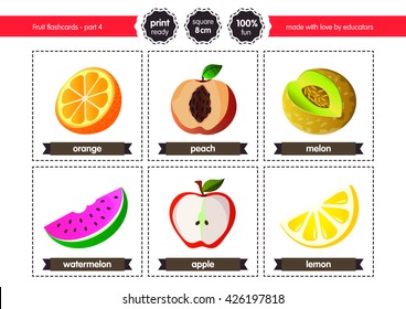 Fruit flashcards. Ready for print.
Orange cut in half, peach cut in half, melon, watermelon slice, apple cut in half and lemon slice.