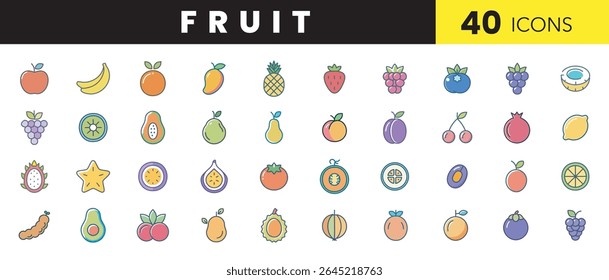 Fruit Flat Color Icon Set – Minimal Vector Icons of Fresh Tropical, Citrus, and Seasonal Fruits