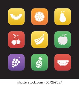 Fruit flat design icons set. Melon and watermelon slices, cutted orange, pear, cherries, bananas bundle, apple, bunch of grapes, pineapple. Web application interface. Vector illustrations