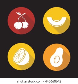 Fruit flat design long shadow icons set. Two cherries, melon slice, halved lemon, avocado. Vector symbols