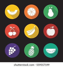 Fruit flat design long shadow icons set. Melon slice, orange, pear, two cherries, bananas bundle, bunch of grapes, apple, pineapple, watermelon. Vector silhouette illustration