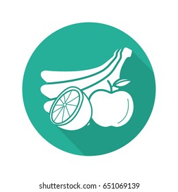 Fruit flat design long shadow glyph icon. Bananas bundle, lemon and apple. Still life. Vector silhouette illustration