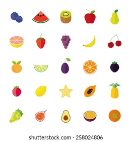 Fruit Flat Design Vector Icon Set. Collection of 25 color symbols isolated on white background.