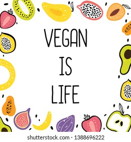 Fruit flat hand drawn illustration.Healthy nutrition cartoon texture. Vegan is life. Kitchen textile vector print.