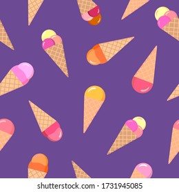 Fruit flat ice creams in a waffle cone on purple background. Summer food seamless pattern. Suitable for packaging, wallpaper.