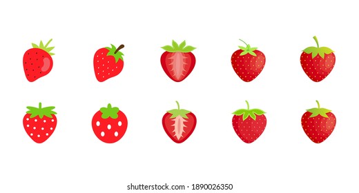 Fruit flat icon logo. Cute fresh strawberry with green leaf isolated on white background. Using for clipart, print ,screen ,Cartoon fruits. Vector Illustration.