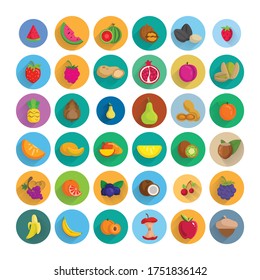 fruit flat icon set with long shadow, with watermelon, melon, apple, peach, grapes, coconut, orange, kiwi, mango
