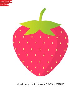 Fruit flat icon.Cute fresh strawberry with green leaf isolated on white background.Using for clipart.Cartoon fruits.Vector.Illustration.