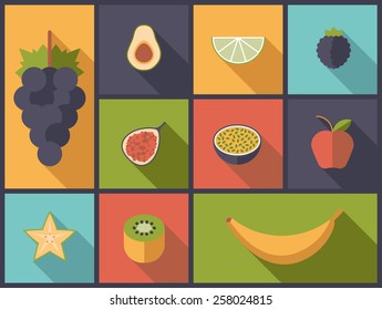 Fruit Flat Icons Vector Illustration. Flat design illustration with various fruit icons.