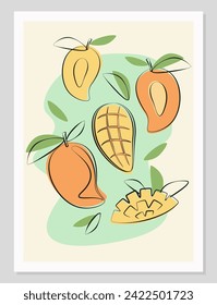 Fruit flat minimal illustration composition. Poster with mango in flat minimal design. Fruit simple Vector illustration.
