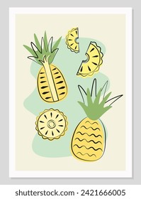 Composición de ilustración mínima de fruta.Cartel con piñas en diseño mínimo plano. Fruta simple ilustración vectorial.